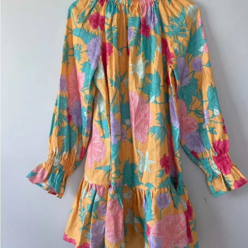 Ephemera Tiered Mock Neck Garland Smock Mini Dress Sz 8 100 linen